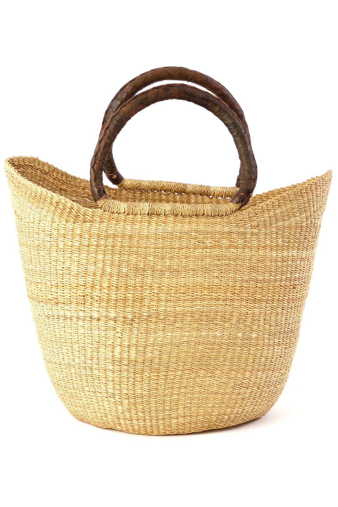 Natural Ghanaian Wing Shopper with Brown Leather Handles