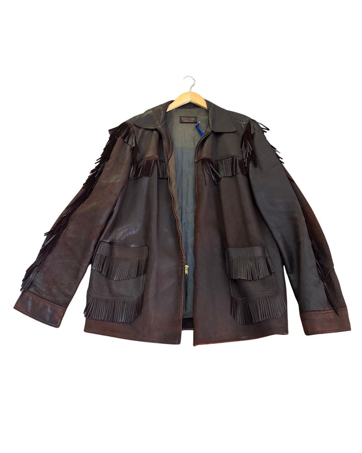 Vintage Dark Brown Leather Fringe Jacket – Western Cowboy Style (1960s) - L/XL