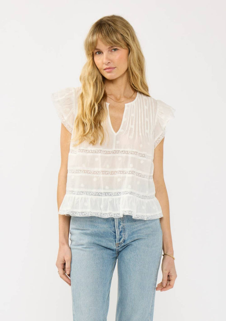 Sienna Ruffle Sleeve Embroidered Top: S