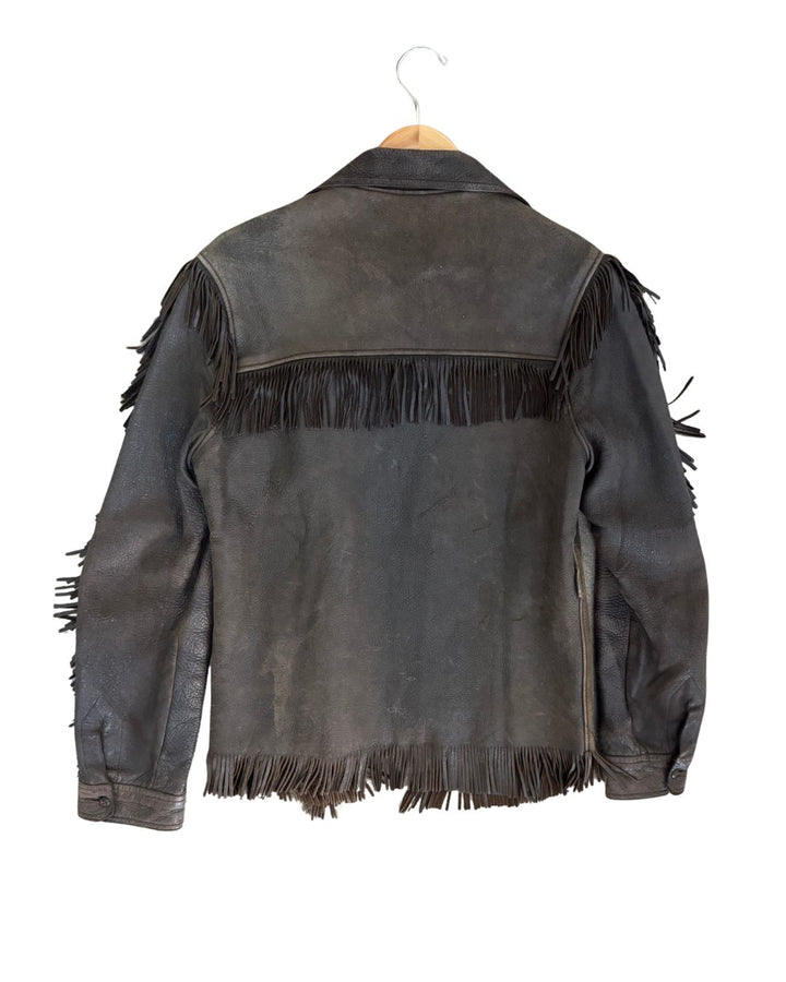 Vintage Distressed Leather Fringe Jacket – Rugged Western Biker Style (1970s) -S/M