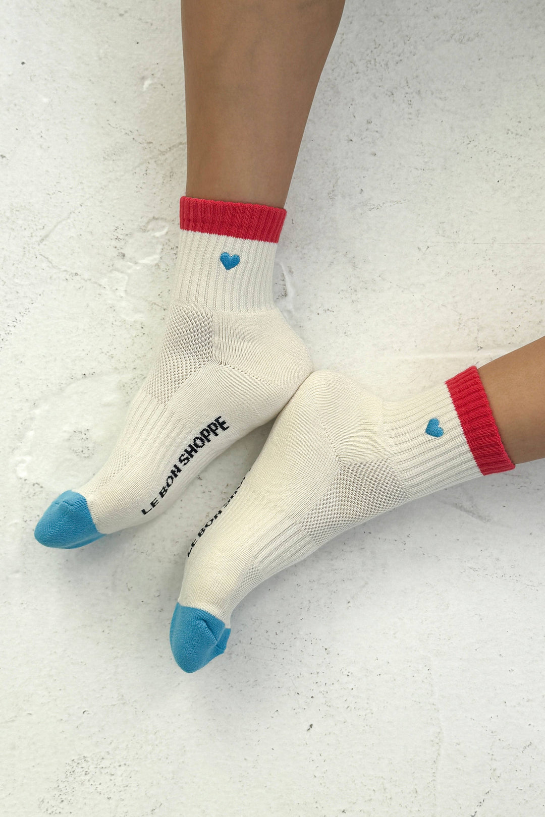Embroidered Color Block Girlfriend Socks: BLUE RED + HEART