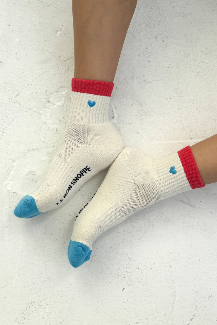 Embroidered Color Block Girlfriend Socks: BLUE RED + HEART