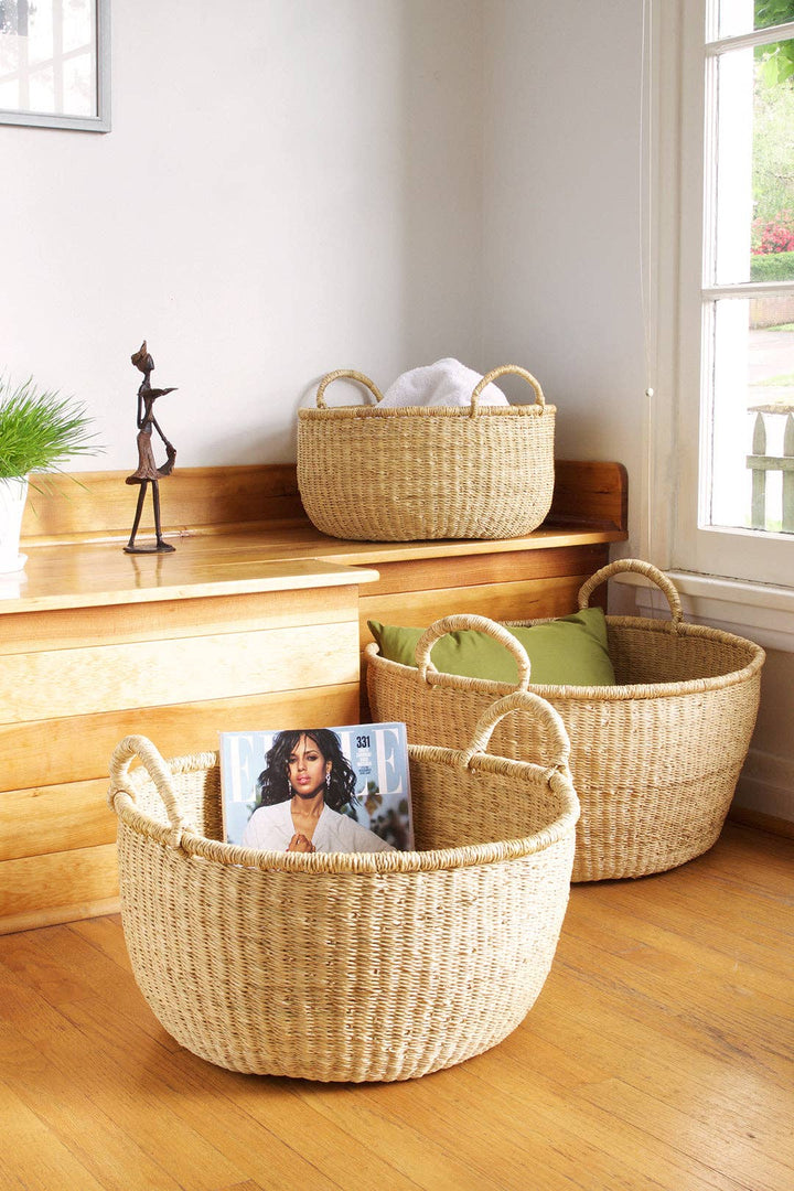 3 Natural Woven Grass Baskets - With Sturdy Handles