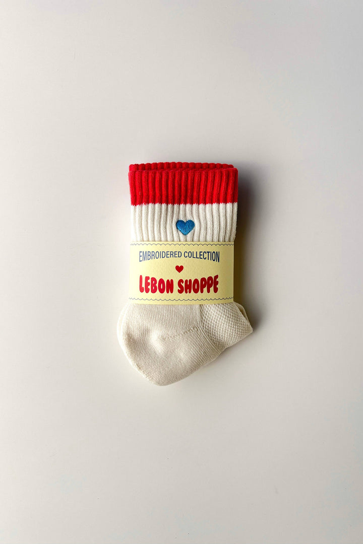 Embroidered Color Block Girlfriend Socks: BLUE RED + HEART