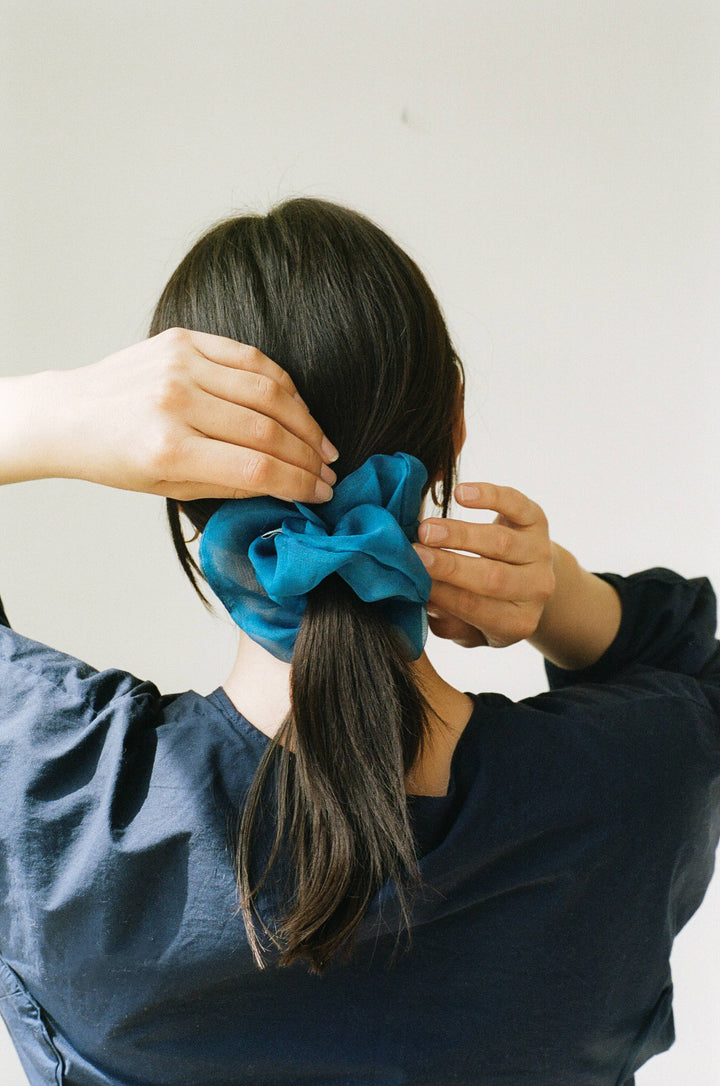 Indigo Silk Organza Plant Dyed Scrunchie | Handmade