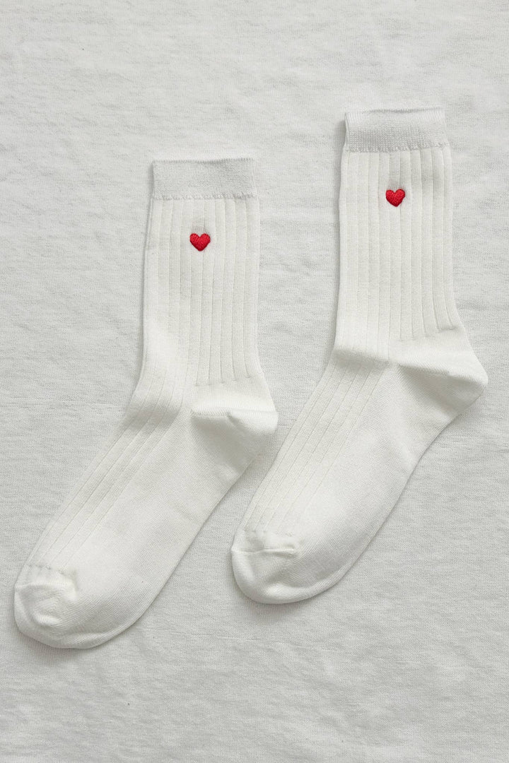 Embroidered Her Socks - Classic White + Heart