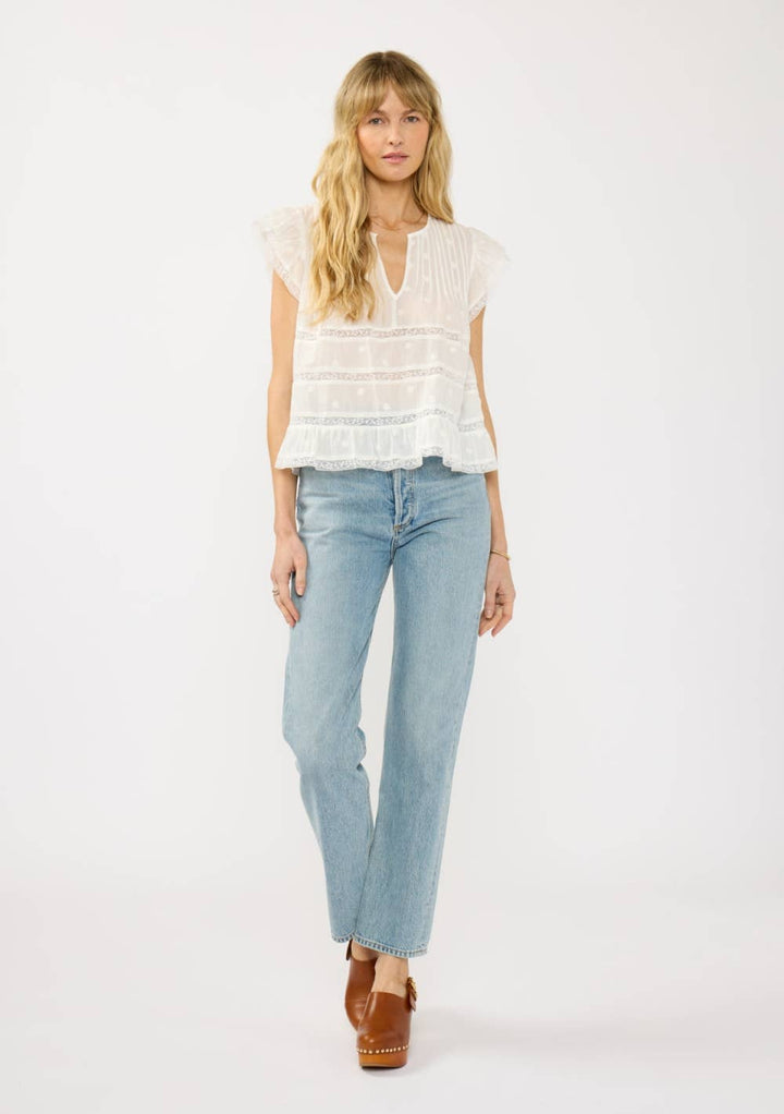 Sienna Ruffle Sleeve Embroidered Top: S