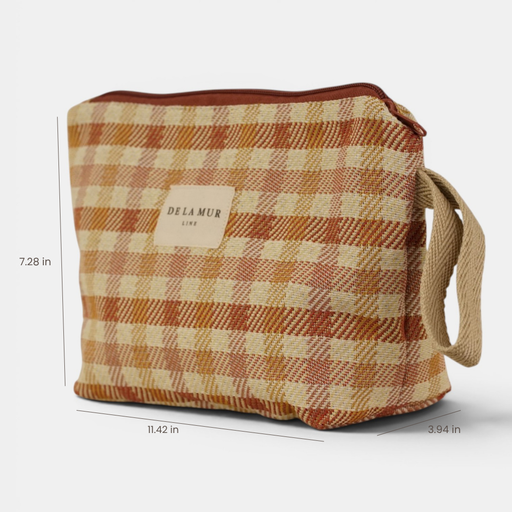 Gingham Jacquard Large Makeup Bag – Terracotta & Orange (Zia)