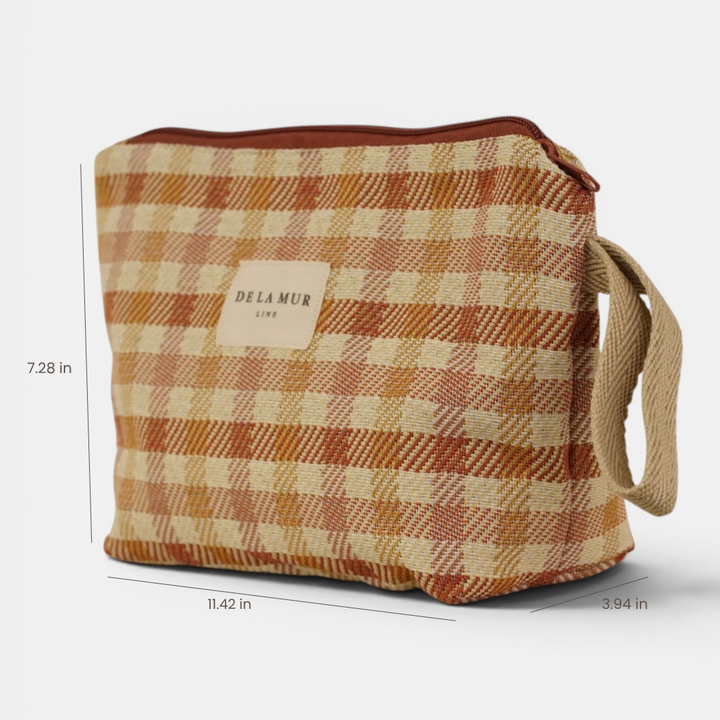 Gingham Jacquard Large Makeup Bag – Terracotta & Orange (Zia)