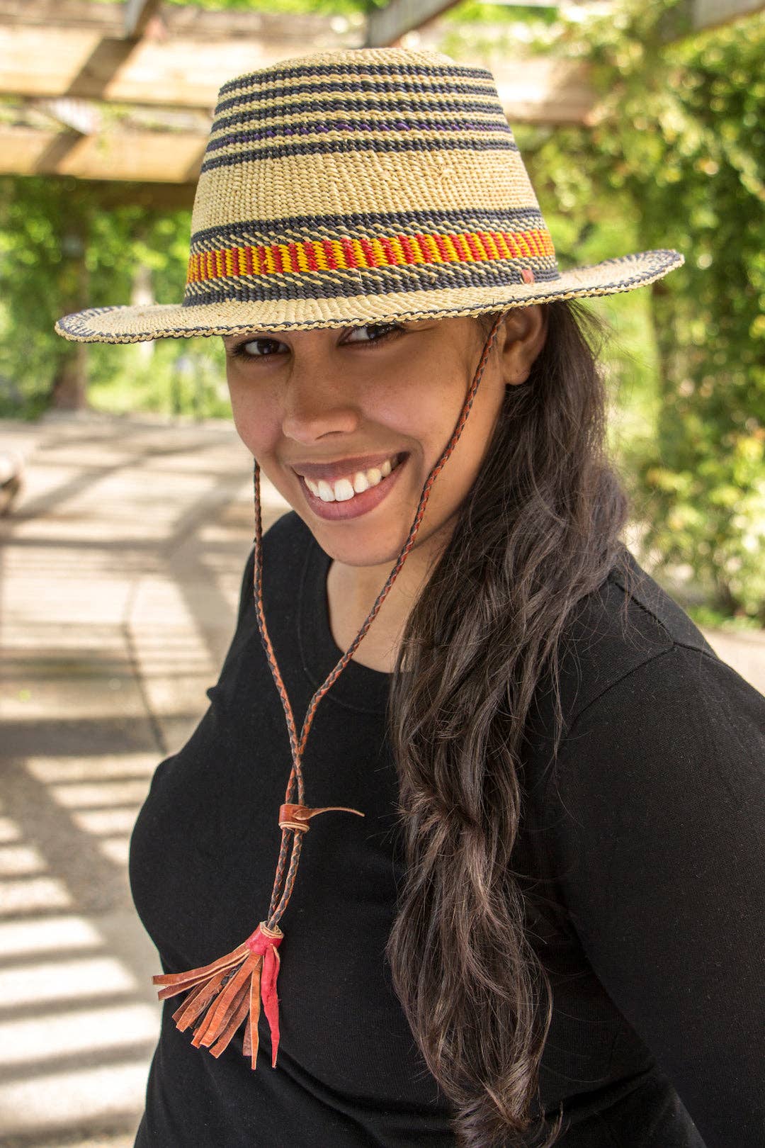 Assorted Short Brimmed Ghanaian Straw Hat with Leather Strap