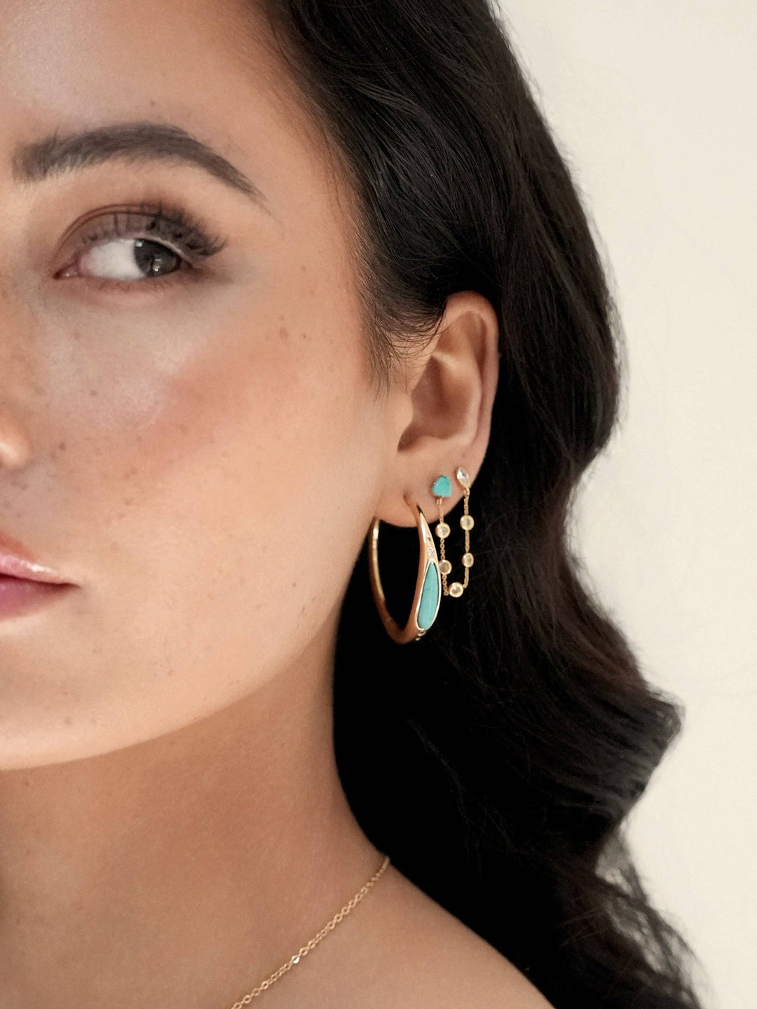 Ettika Double Piercing Turquoise Earrings: Turquoise with 18k Gold Plating
