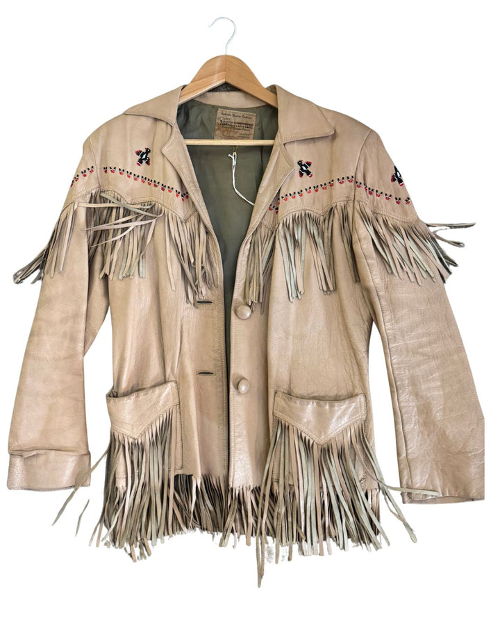 Rare Vintage Beaded Fringe Leather Jacket – Western Thunderbird Motif (1960s) -S/M
