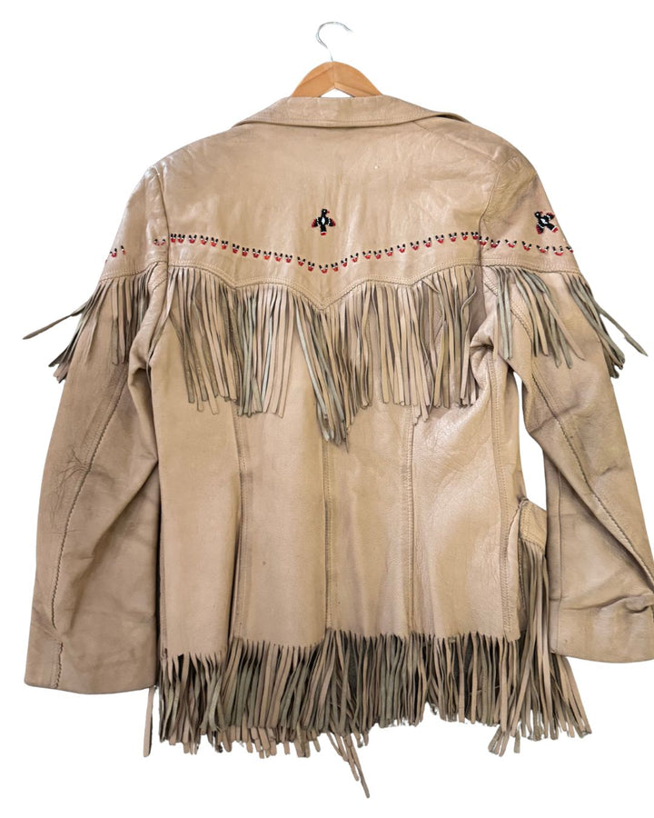 Rare Vintage Beaded Fringe Leather Jacket – Western Thunderbird Motif (1960s) -S/M