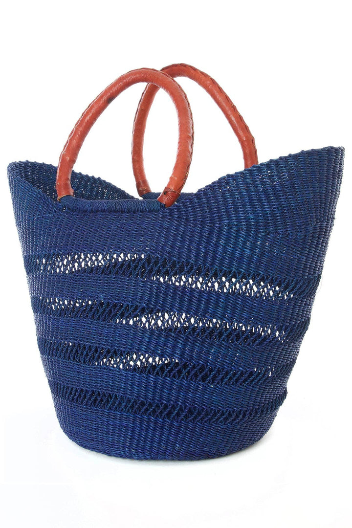 Navy Blue Ghanaian Lacework Wing Shopper with Leather Handle