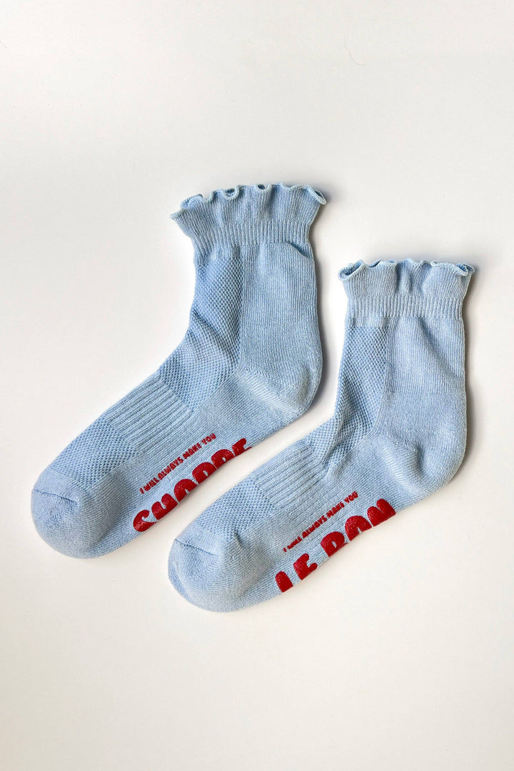 Ruffled Hugger Crew Socks: BANANA CREAM / RED
