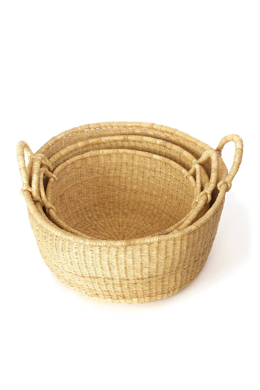 3 Natural Woven Grass Baskets - With Sturdy Handles