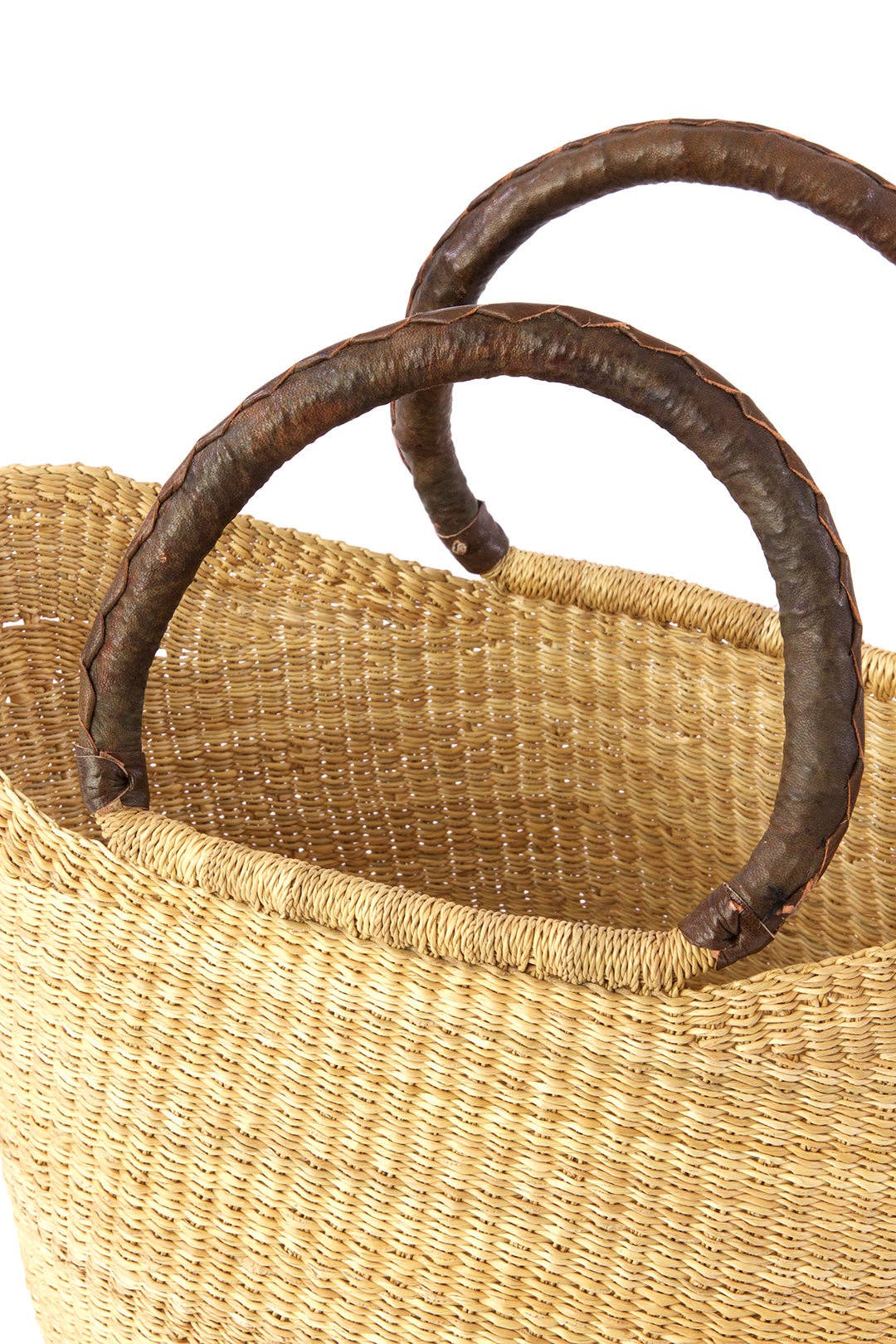 Natural Ghanaian Wing Shopper with Brown Leather Handles