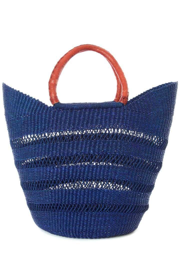 Navy Blue Ghanaian Lacework Wing Shopper with Leather Handle