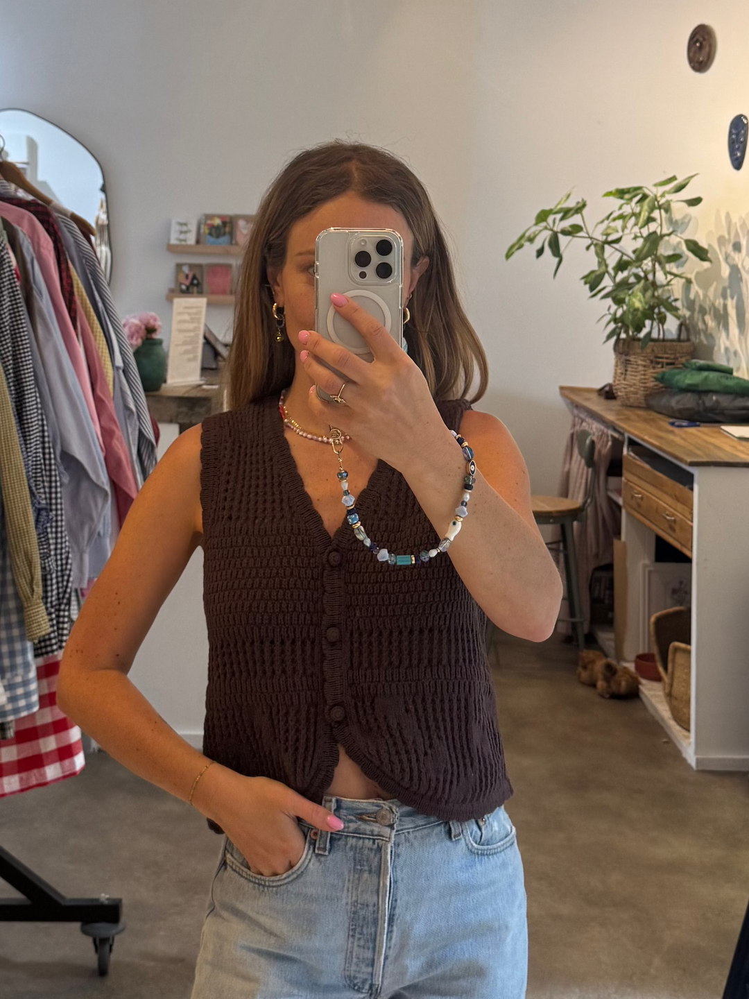 Rosa Pointelle Knit Vest - Chocolate
