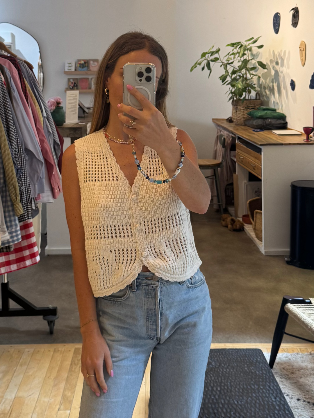 Rosa Pointelle Knit Vest - Cream
