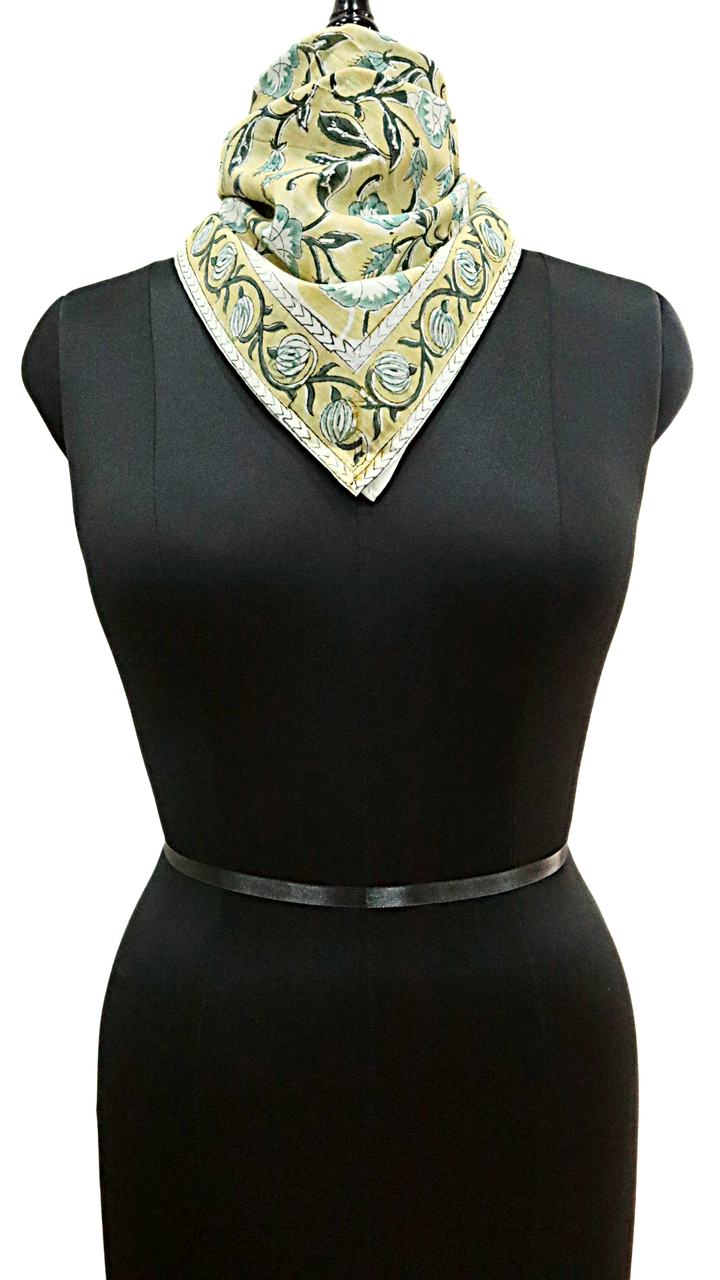 Lemon Sage Bloom - Hand Block Printed Cotton Bandana