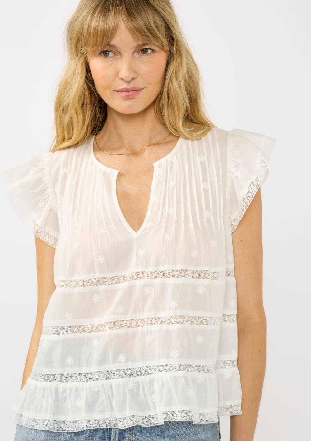 Sienna Ruffle Sleeve Embroidered Top: S