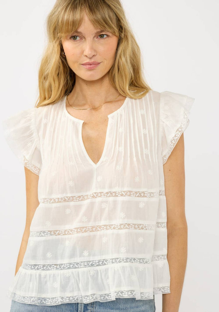 Sienna Ruffle Sleeve Embroidered Top: S