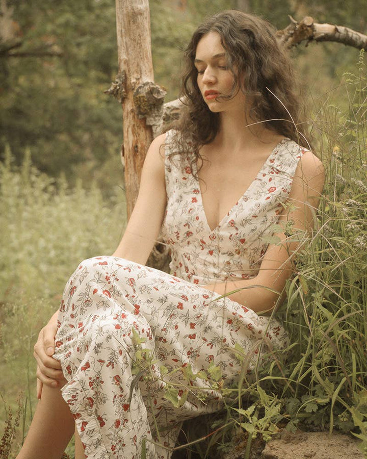 Red and White Floral Sleeveless Slip Dress - Sandrine Dress