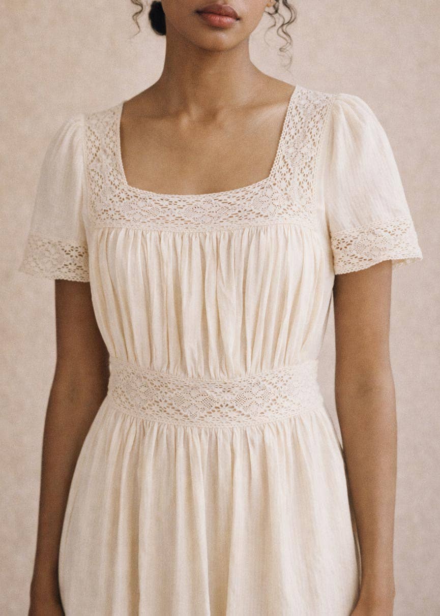 Cream Cotton Gauze Lace Midi Dress - Theodosia Dress