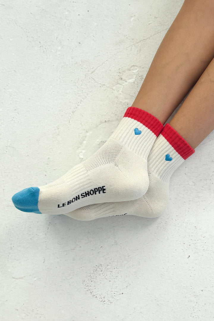 Embroidered Color Block Girlfriend Socks: BLUE RED + HEART