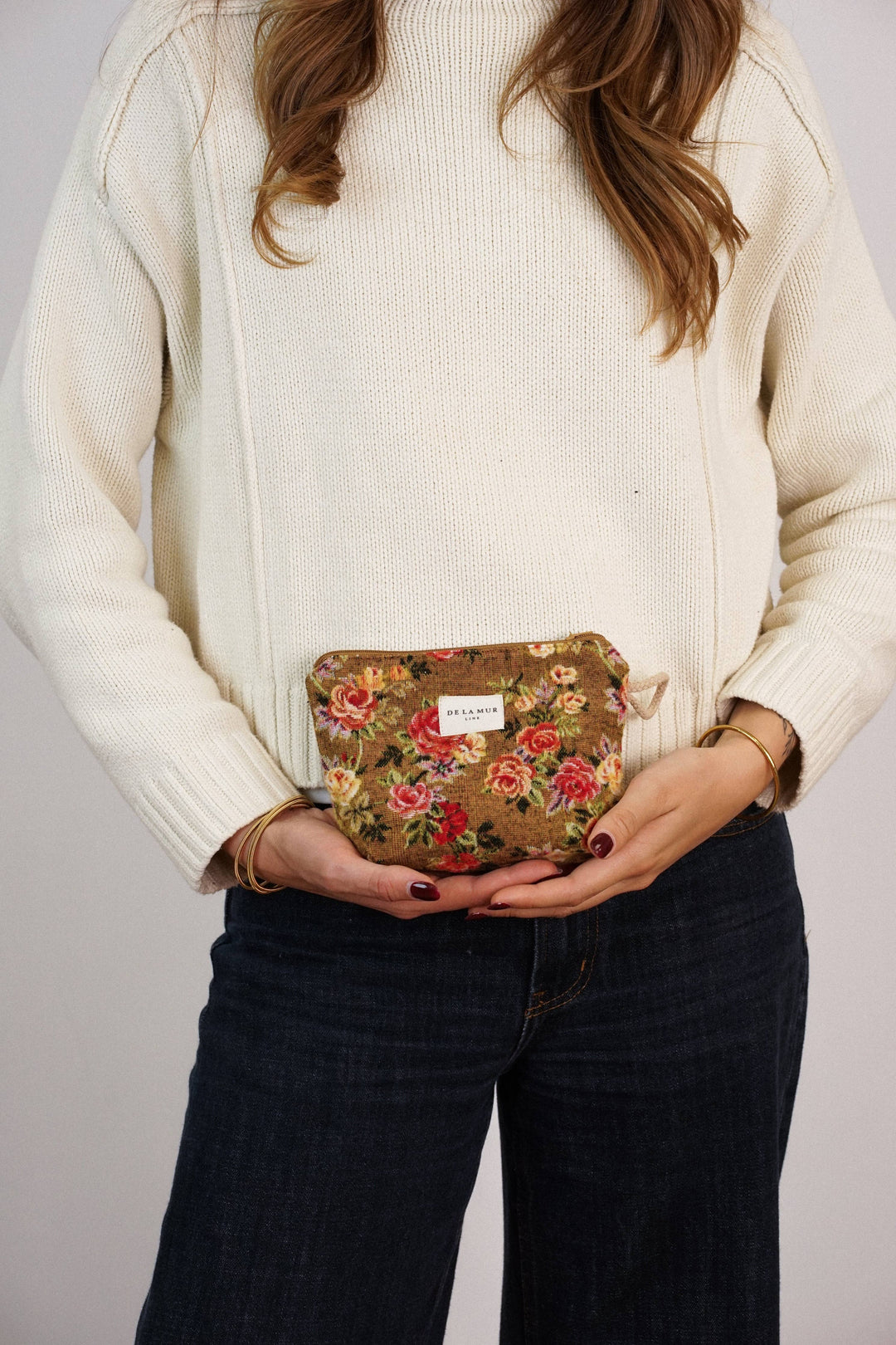 Esme floral jacquard small makeup bag, mustard and red