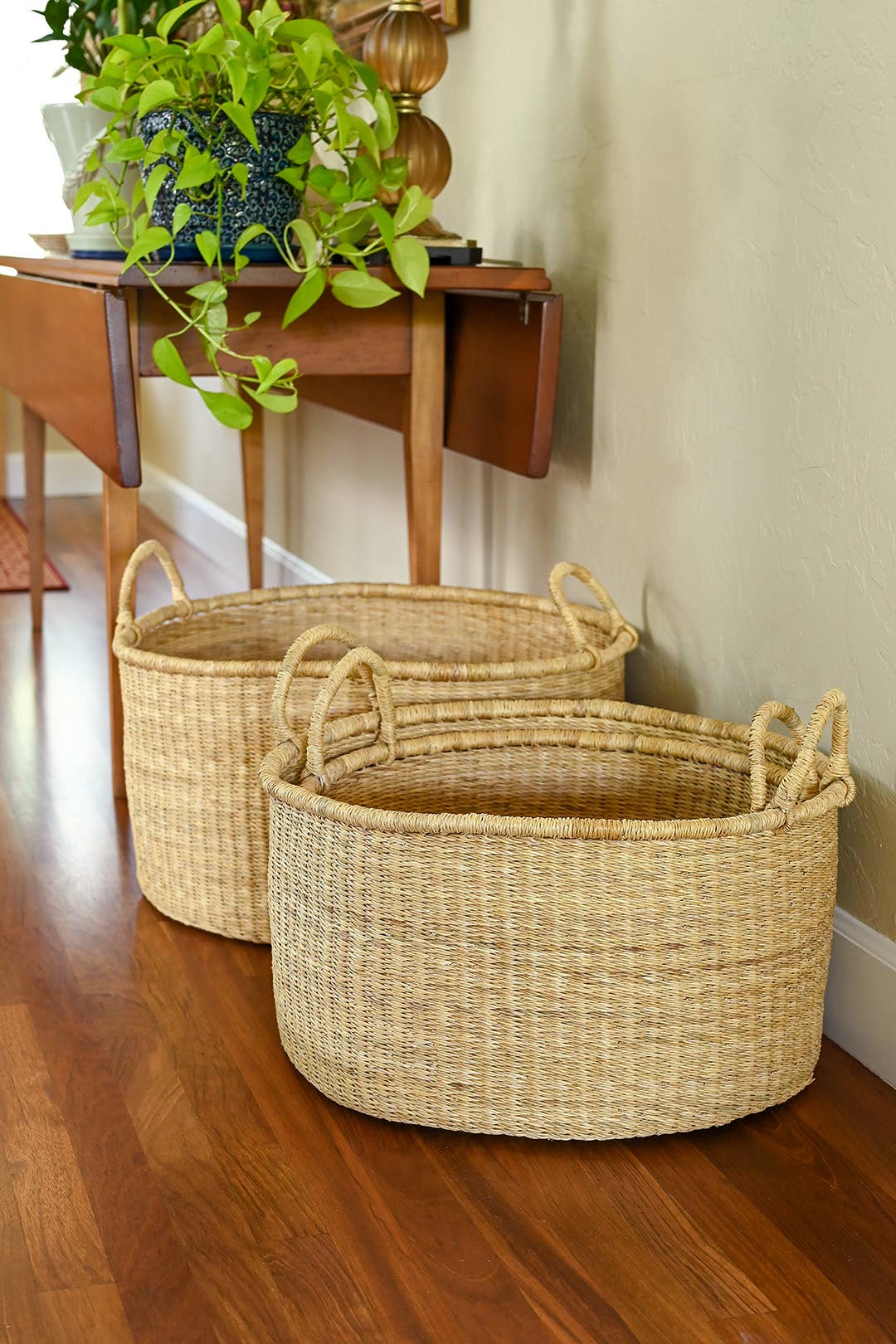 3 Natural Woven Grass Baskets - With Sturdy Handles