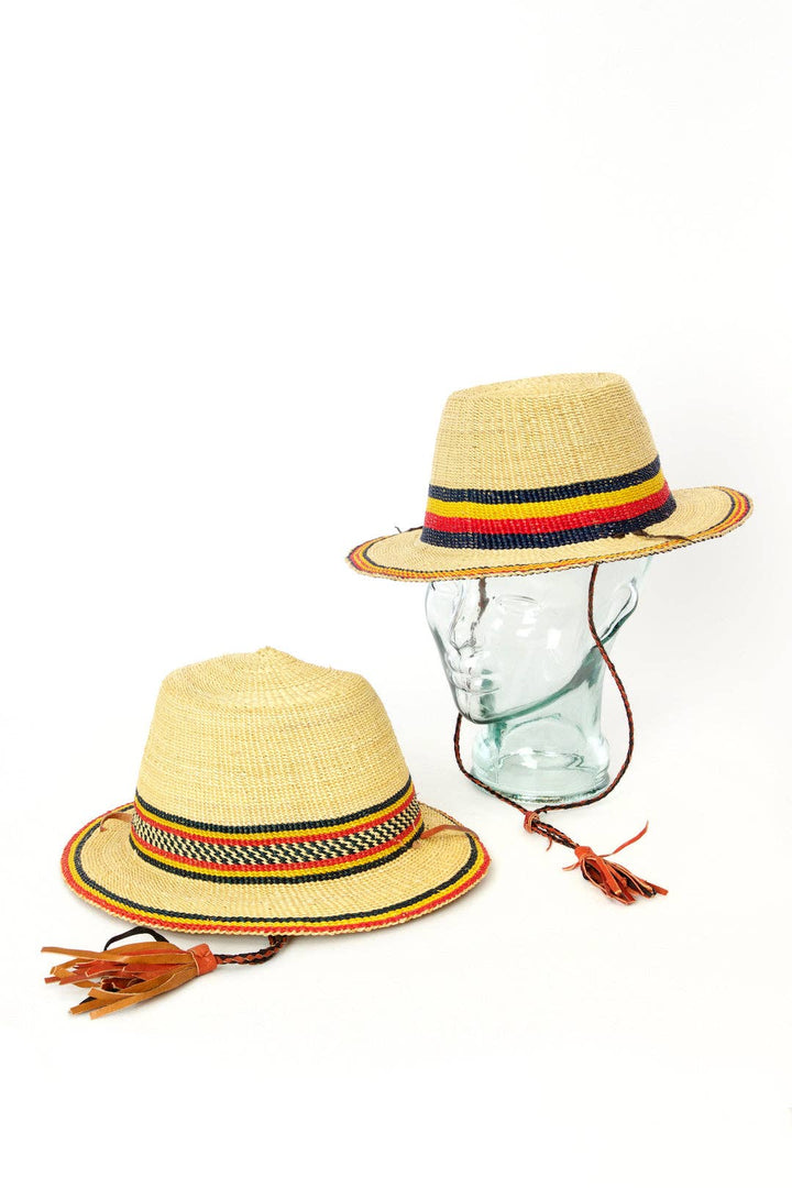 Assorted Short Brimmed Ghanaian Straw Hat with Leather Strap