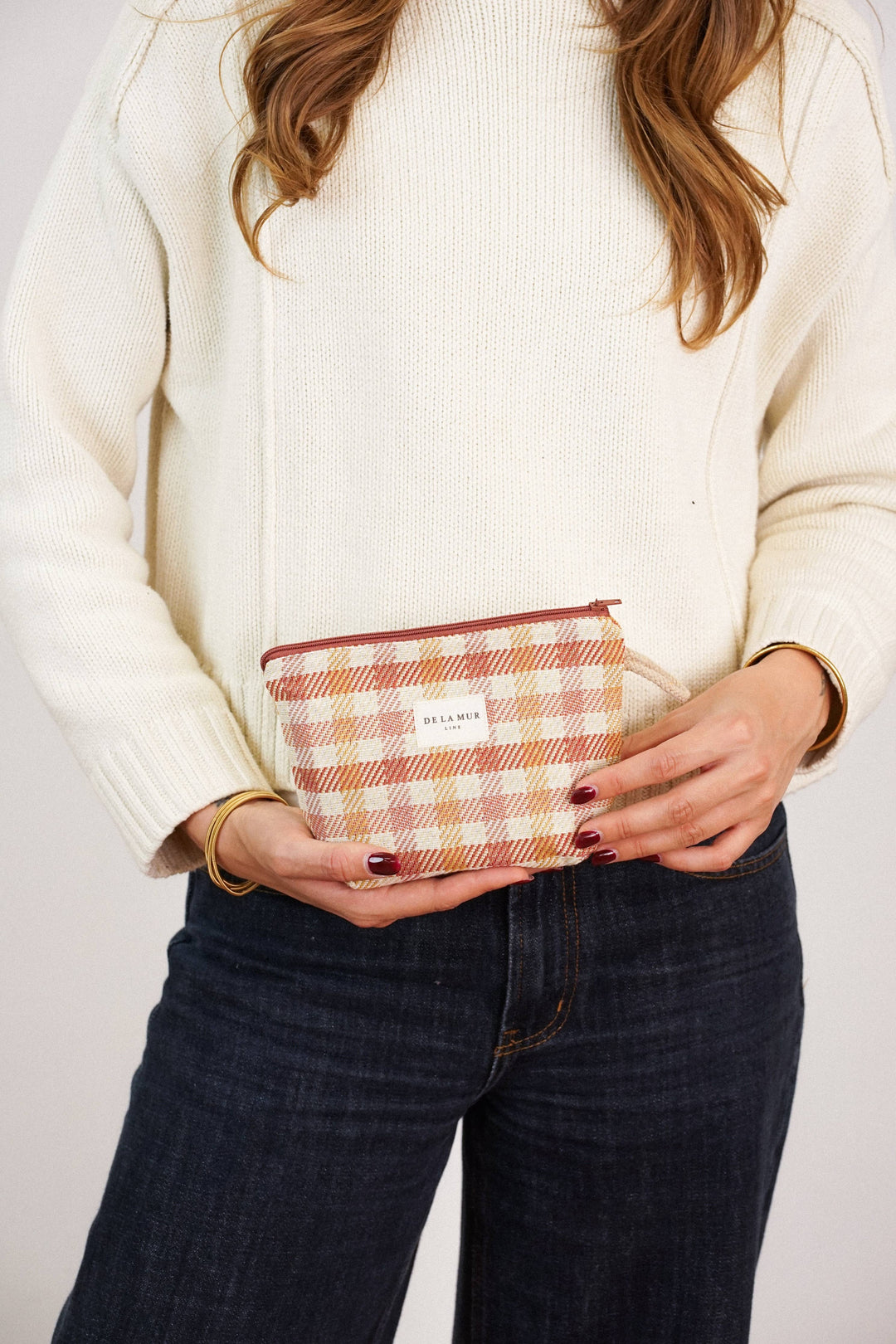 Zia gingham jacquard small makeup bag, terracotta and orange