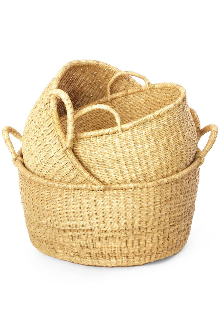 3 Natural Woven Grass Baskets - With Sturdy Handles