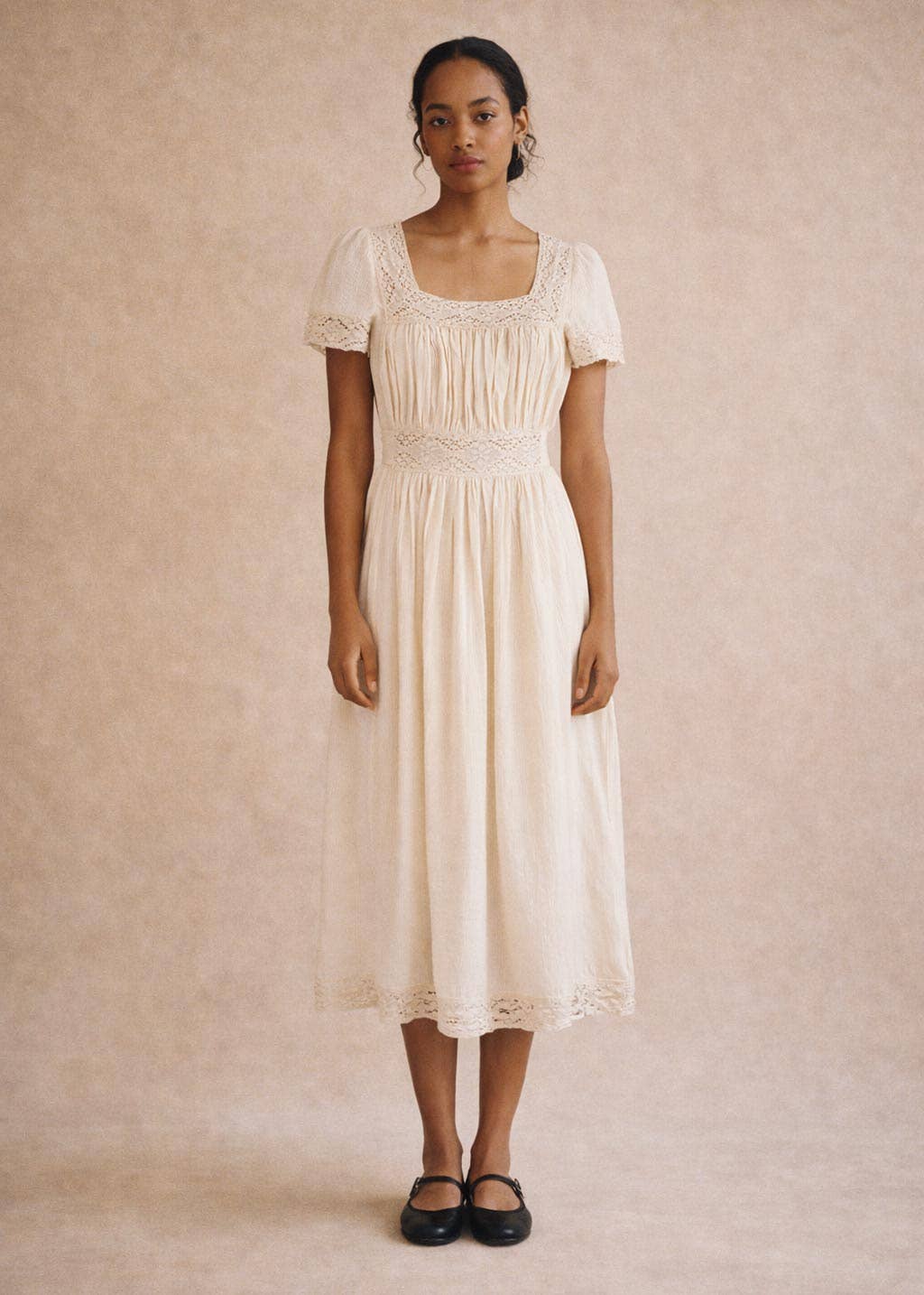 cotton gauze midi dress Cream Cotton Gauze Lace Midi Dress
