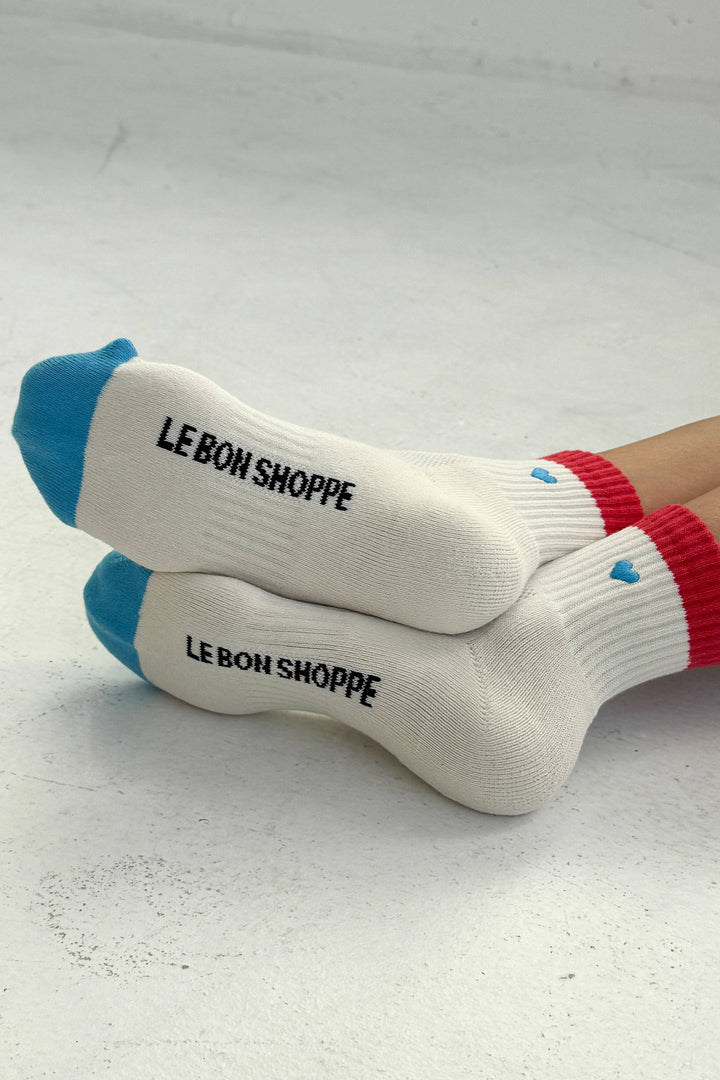 Embroidered Color Block Girlfriend Socks: BLUE RED + HEART